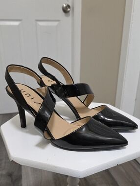 Unisa Black Patent Pointed Toe Slingback Heels | Chic Minimalist Glossy Stiletto